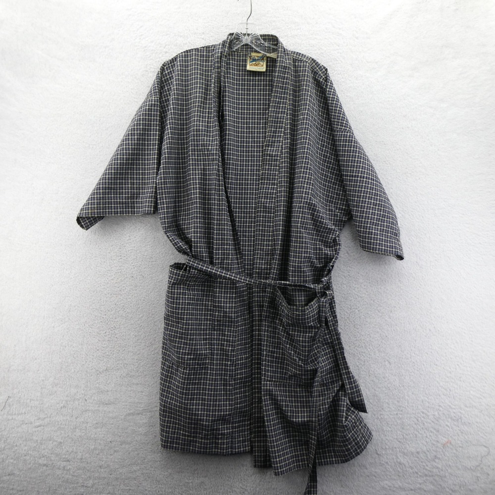 TravelSmith Robe Unisex Large Extra Large Vintage Navy Tan Check Nylon Polyester